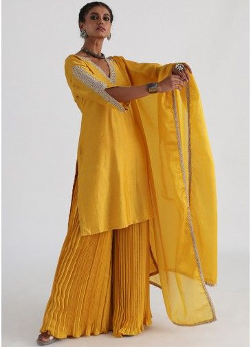 Yellow Readymade Chanderi Palazzo Suit Set
