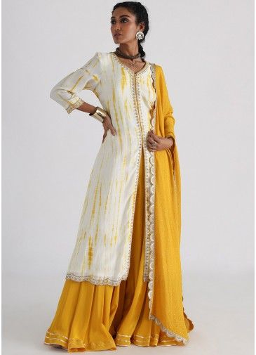 Yellow Slit Style Embroidered Palazzo Suit Set