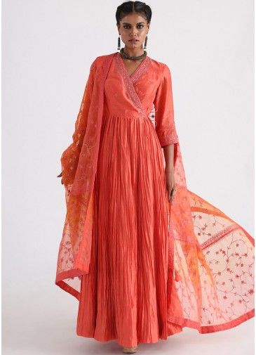 Orange Anarkali Style Suit In Chanderi