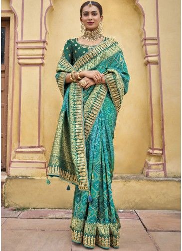Blue Bandhej Print Silk Saree With Heavy Blouse