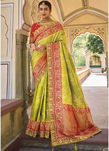 Green Silk Saree With Dori Embroidered Border