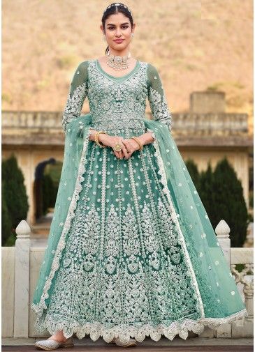 Blue Dori Embroidered Suit Set In Net