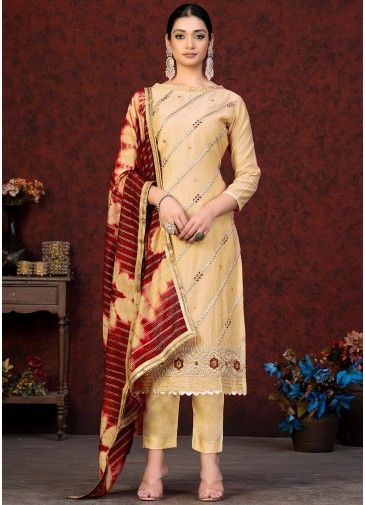 Beige Embroidered Chanderi Pant Suit Set