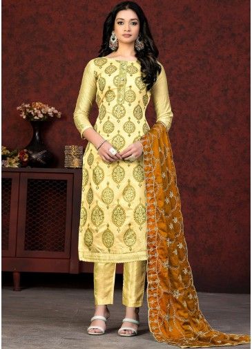 Yellow Embroidered Pant Suit Set