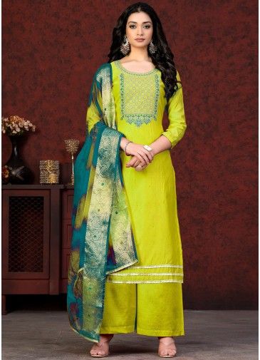 Yellow Chanderi Embroidered Suit Set