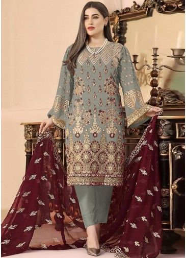 Grey Embroidered Georgette Pant Suit Set