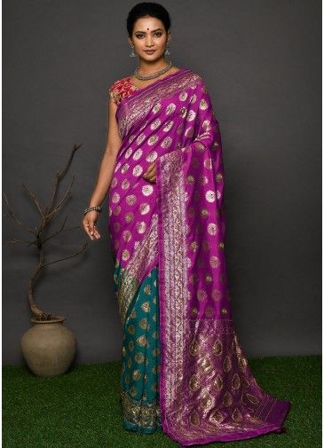 Pink & Blue Half N Half Woven Kanjivaram Silk Saree