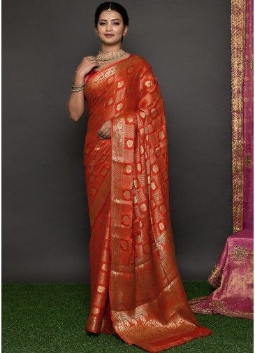 Orange Kanjivaram Silk Woven Saree With Blouse