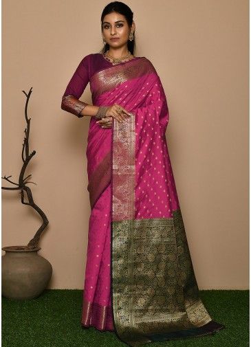 Pink Festive Woven Kanjivaram Silk Saree & Blouse
