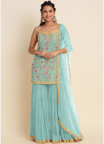 Blue Embroidered Tiered Sharara Suit In Georgette