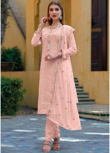 Pink Embroidered Georgette Pant Suit Set