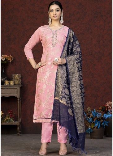 Pink Embroidered Suit Set In Jacquard