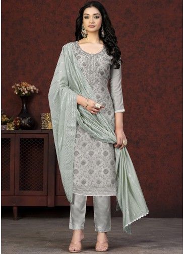 Grey Embroidered Art Silk Suit Set