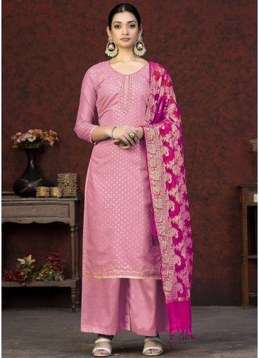 Pink Embroidered Festive Pant Suit Set