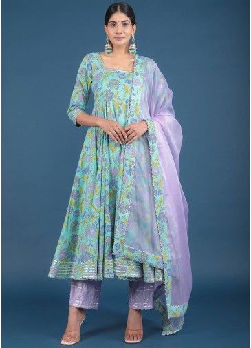 Blue Readymade Floral Printed Anarkali Suit