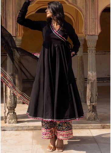 Readymade Black Laced Cotton Angrakha Style Suit