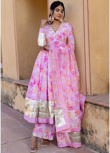 Pink Floral Printed Readymade Anarkali Suit