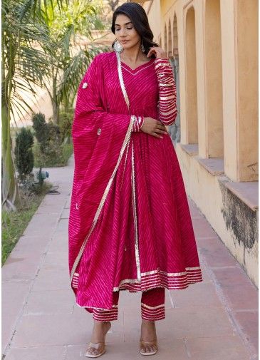Pink Leheria Printed Readymade Anarkali Suit
