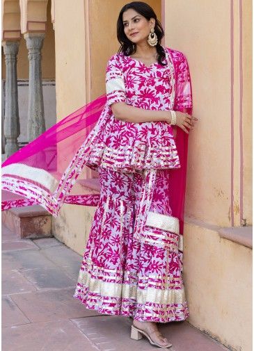 White Readymade Floral Printed Sharara Suit Set