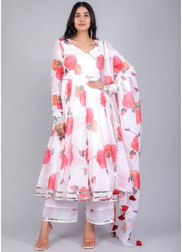 White Readymade Floral Printed Anarkali Suit Set