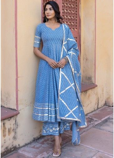 Readymade Blue Floral Printed Palazzo Style Anarkali Suit