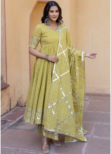 Yellow Readymade Floral Printed Anarkali Suit Set