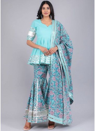 Readymade Blue Sharara Suit In Floral Print