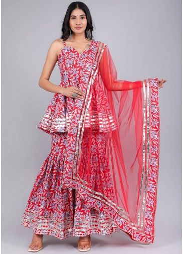 Readymade Floral Print Red Peplum Style Sharara Set