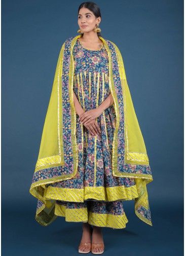Blue Floral Printed Readymade Anarkali Style Suit