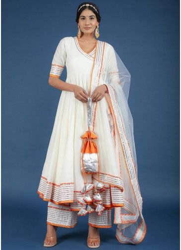 Off White Laced Readymade Angrakha Style Suit