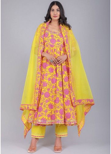 Yellow Readymade Floral Printed Anarkali Suit