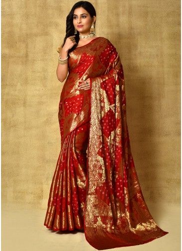 Red Bridal Silk Saree With Bandhej Print Motifs
