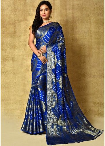 Blue Silk Saree With Bandhej Print Detailings