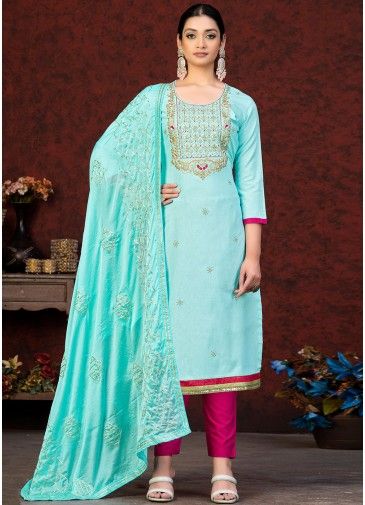 Blue Embroidered Cotton Pant Style Suit