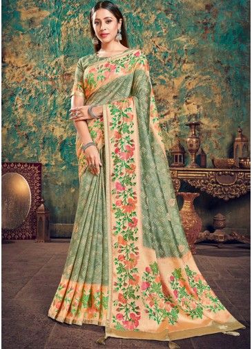 Green Floral Printed Saree With Georgette Blouse