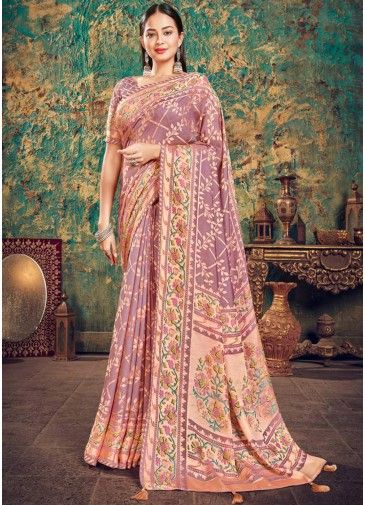 Purple Georgette Floral Print Saree With Blouse