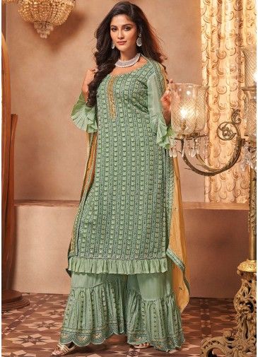 Green Embroidered Georgette Palazzo Suit