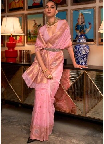 Pink Viscose Zari Woven Saree With Distinctive Pallu