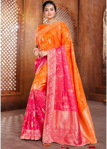 Orange & Pink Silk Festive Saree With Heavy Pallu
