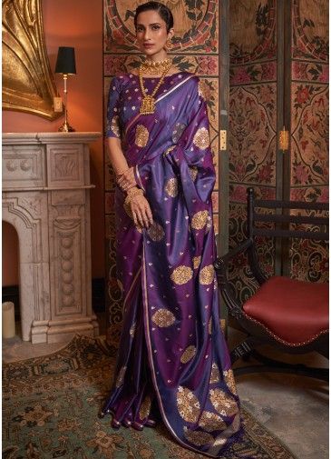 Purple Zari Woven Saree & Blouse