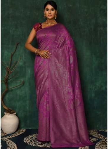 Purple Banarasi Silk Party Saree With Heavy Pallu