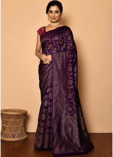 Purple Bridesmaid Banarasi Silk Saree With Heavy Pallu
