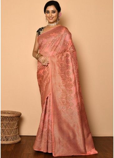 Peach Bridesmaid Zari Woven Saree In Banarasi Silk