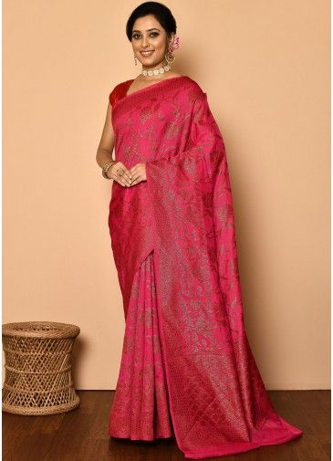 Pink Festive Zari Woven Saree With Heavy Pallu