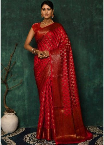Red Classic Style Woven Silk Saree
