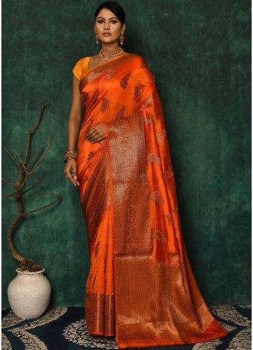 Orange Festive Zari Woven Silk Saree