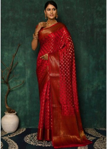 Red Zari Woven Saree In Silk 