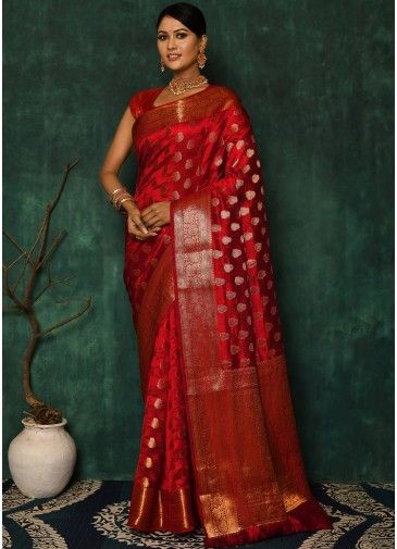 Red Silk Saree With Woven Pallu
