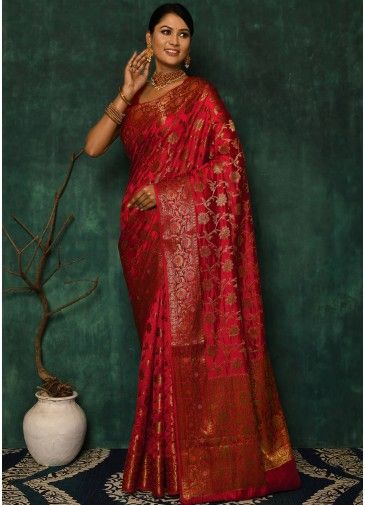 Red Woven Pallu Saree In Silk