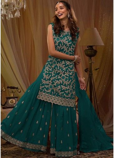 Turquoise Georgette Embroidered Gharara Suit Set